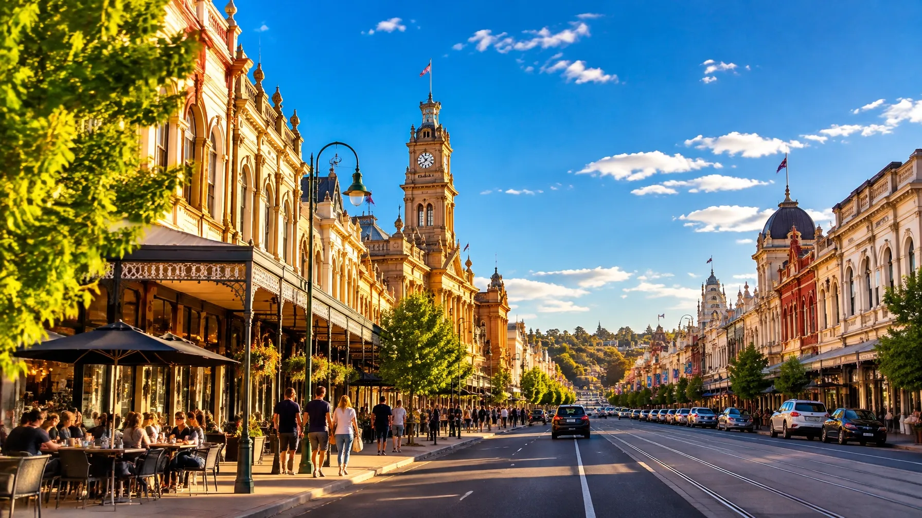 Historic Bendigo streetscape in warm afternoon sunshine