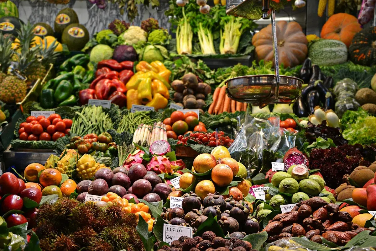 Colourful fresh produce at a market stall